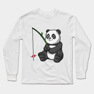 Panda at Fishing with Bamboo Fishing rod Long Sleeve T-Shirt